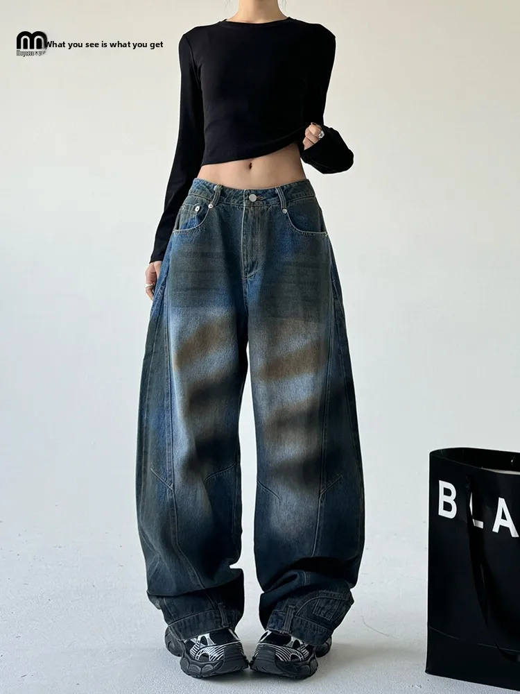 

American Retro Washed Denim Jeans Women High Street Trendy Loose Wide Leg Knife Pants Cotton Elastic Denim Blue Long Trousers