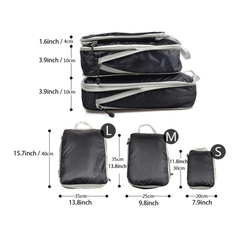 3Pcs Compressed Packing Cubes Travel Storage Organizer Set Mesh Visual Luggage Portable Convenient Lightweight Suitcase Bag