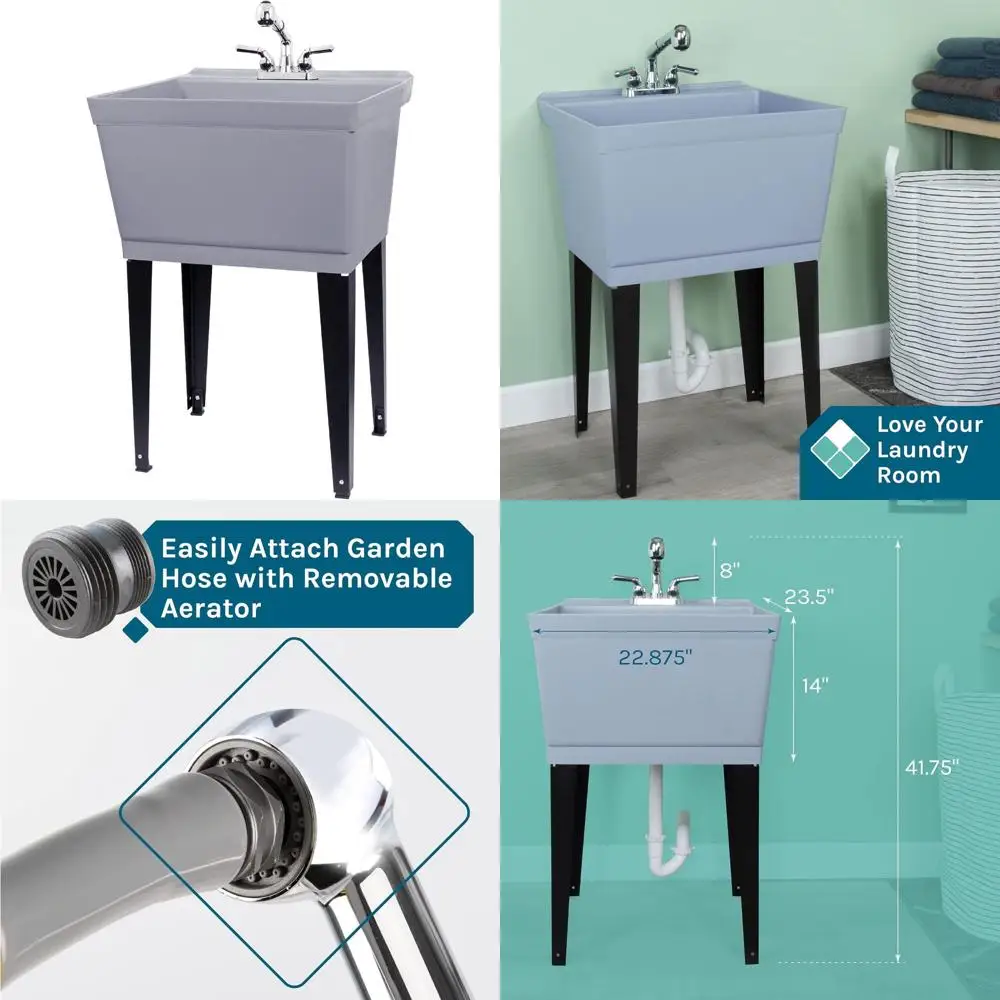 

Heavy-Duty Laundry Sink with Pull-Out Chrome Faucet and Sprayer for Washing Rooms, Basements, and Garages