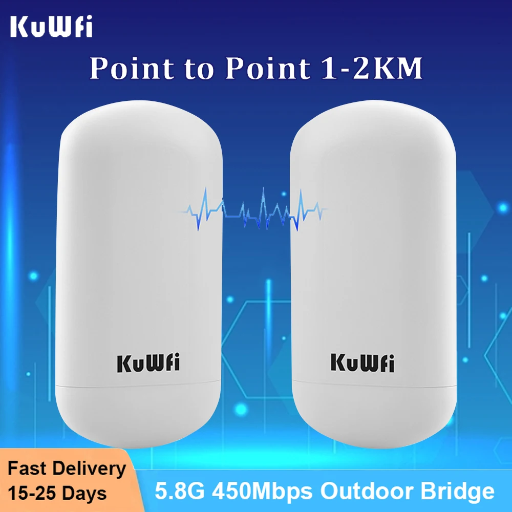 KuWFi-enrutador de puente inalámbrico para exteriores, 5,8G, 450Mbps, CPE, punto a punto, acceso de largo alcance de 1-2KM con antena 8dbi,