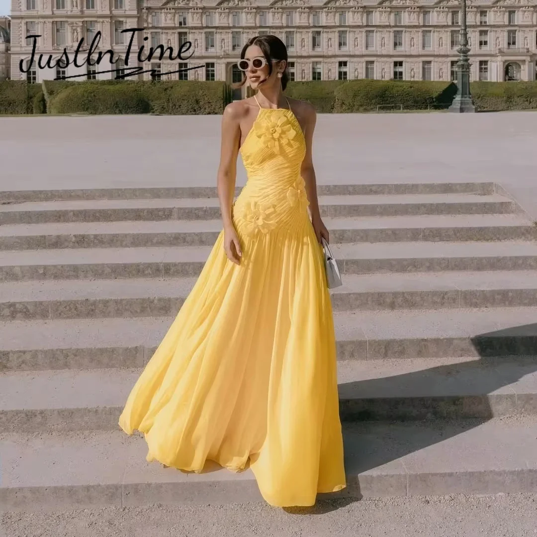 JUSTLNTIME Elegant Halter Sleeveless A-Line Evening Dress Applique Flower Pleat Backless Yellow 2026 Customized Vestido De Novia