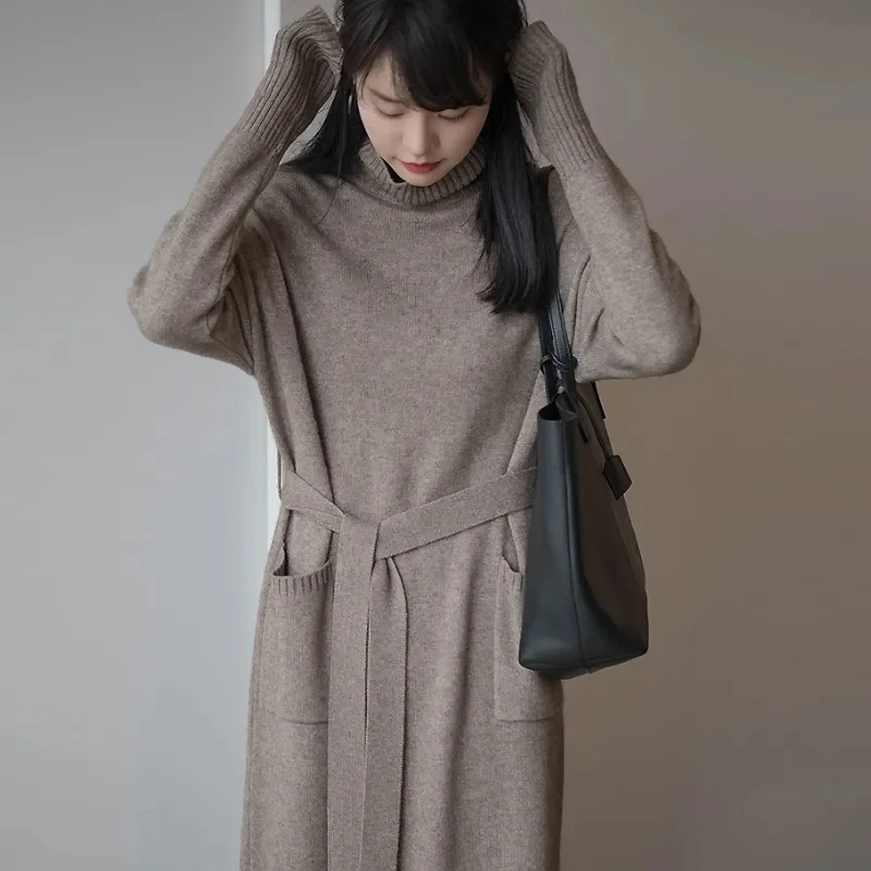 Mid to Long High Necked Knitted Woolen Dress for Autumn and Winter 2024 With Lazy Style and Loose Waist Design for the Interior