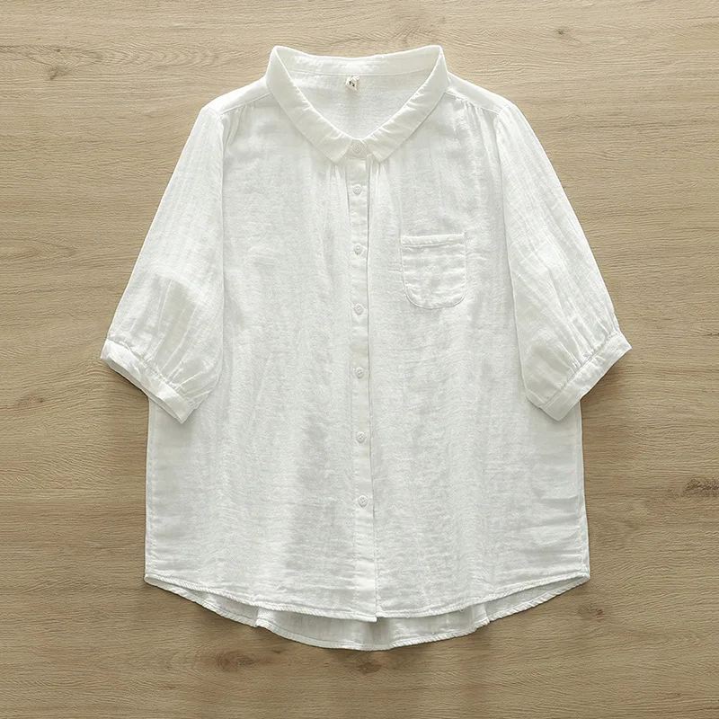 New Spring Cotton Yarn Solid Loose Shirt Women Lapel Short Sleeve Top Girl Fashion Retro OL Commute Blouses 2024 Summer T45449QC