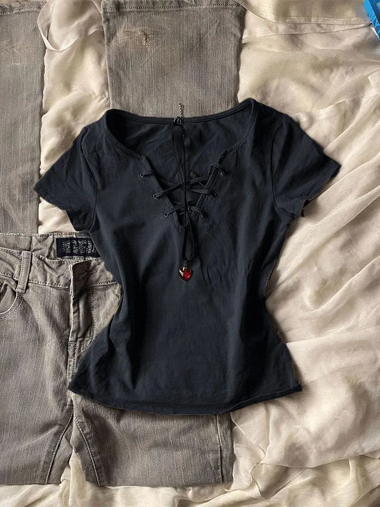 

Футболка Cherry Little American Retro с коротким рукавом, облегающая, с эффектом утяжки на талии, модная, повседневная, с ощущением высокого качества, летний топ