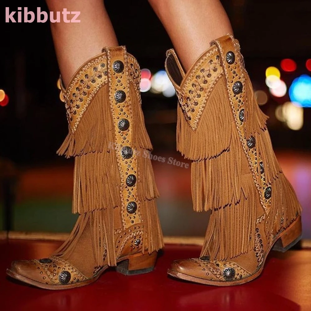 

Fringe Rivet Cowboy Boots Knee High Suede Leather Pointed Toe Square Heels Slip-On Solid Color Fashion Luxury Sexy Women Shoes