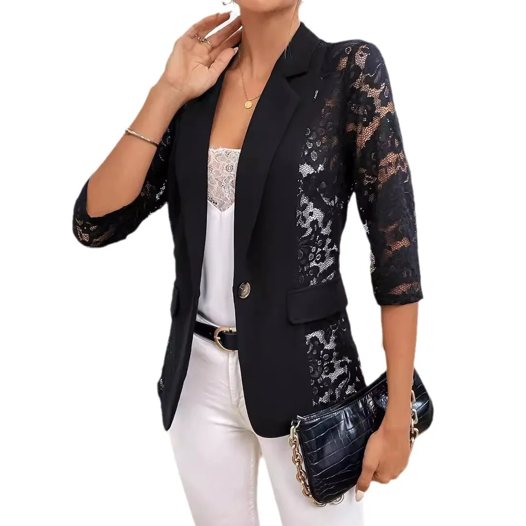 2025 Spring New Elegant Solid Color Fashion Lace Splicing Small Blazer Women's Tops Жакет Женский