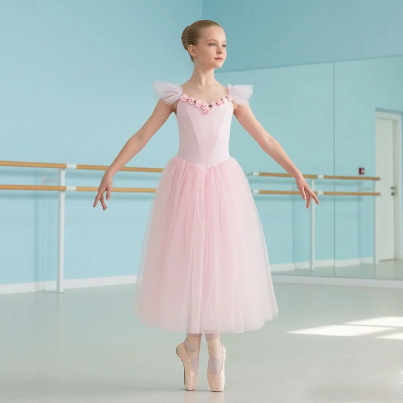 

Long Leotard with Lace Bubble Sleeves Tulle Skirt Tutu Ballerina Dancewear for Girls