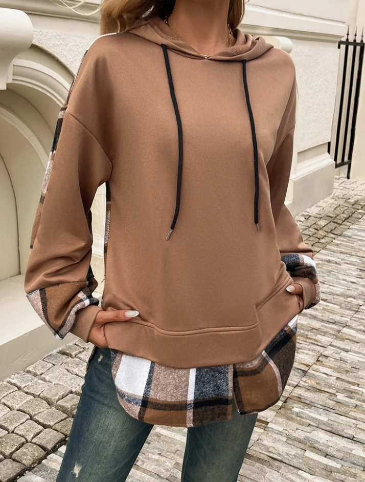 Women's Clothing Casual Fake Two-Piece Spliced Hooded Long Sleeve Sweatshirt Autumn New Fashion Female Long Sleeve Hoodie