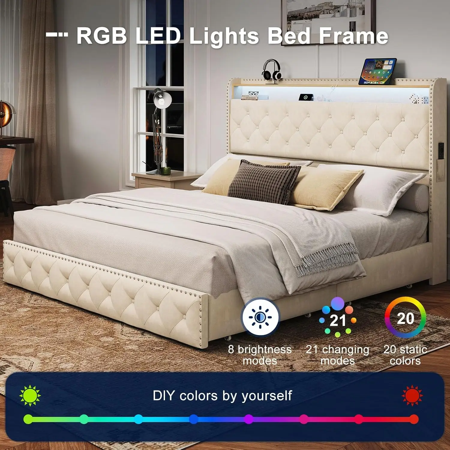 Marco de cama con luces LED y estación de carga USB, plataforma tapizada de terciopelo, cama con cabecera de almacenamiento y 4 cajones, sin ruido