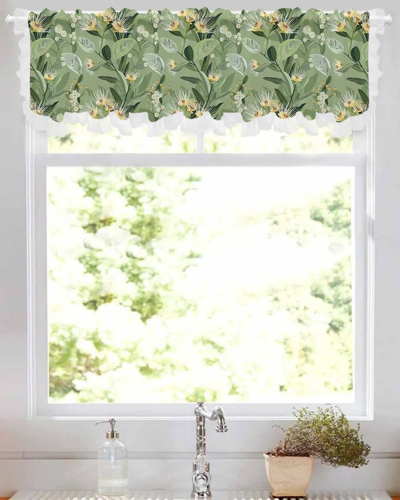 Plant Flowers Branches Short Tulle Half Curtains for Living Room Kitchen Door Cafe Window Sheer Valance Drapes