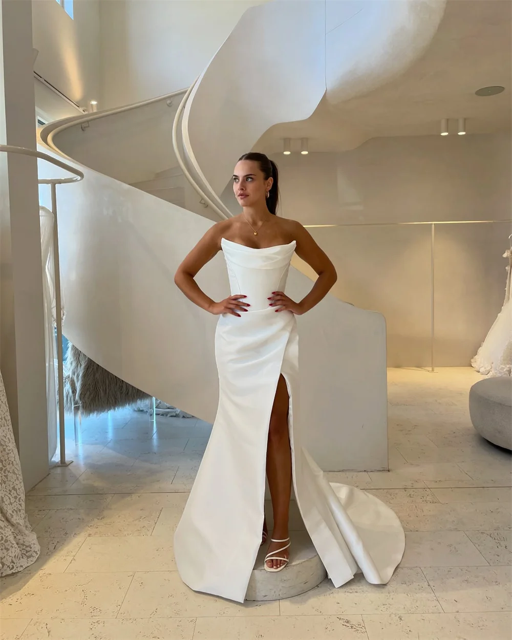 Amanda Customized White Side High Slit Prom Dress Strapless  Floor-Length vestidos de noche Elegant Sleeveless Formal Evening