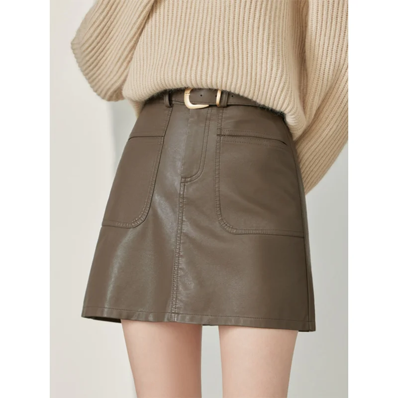 

Brown Leather Skirt Skirt Women2024New Autumn and Winter High Waist DroopingaLine Skirt Loose Slimming Short Hip Skirt