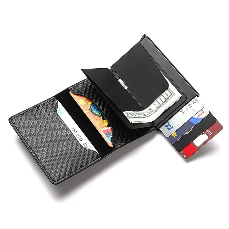 Dompet pria aluminium ramping serat karbon 2024 tempat kartu kredit ID Dompet RFID Mini otomatis muncul tempat kartu Bank casing hitam Vallet