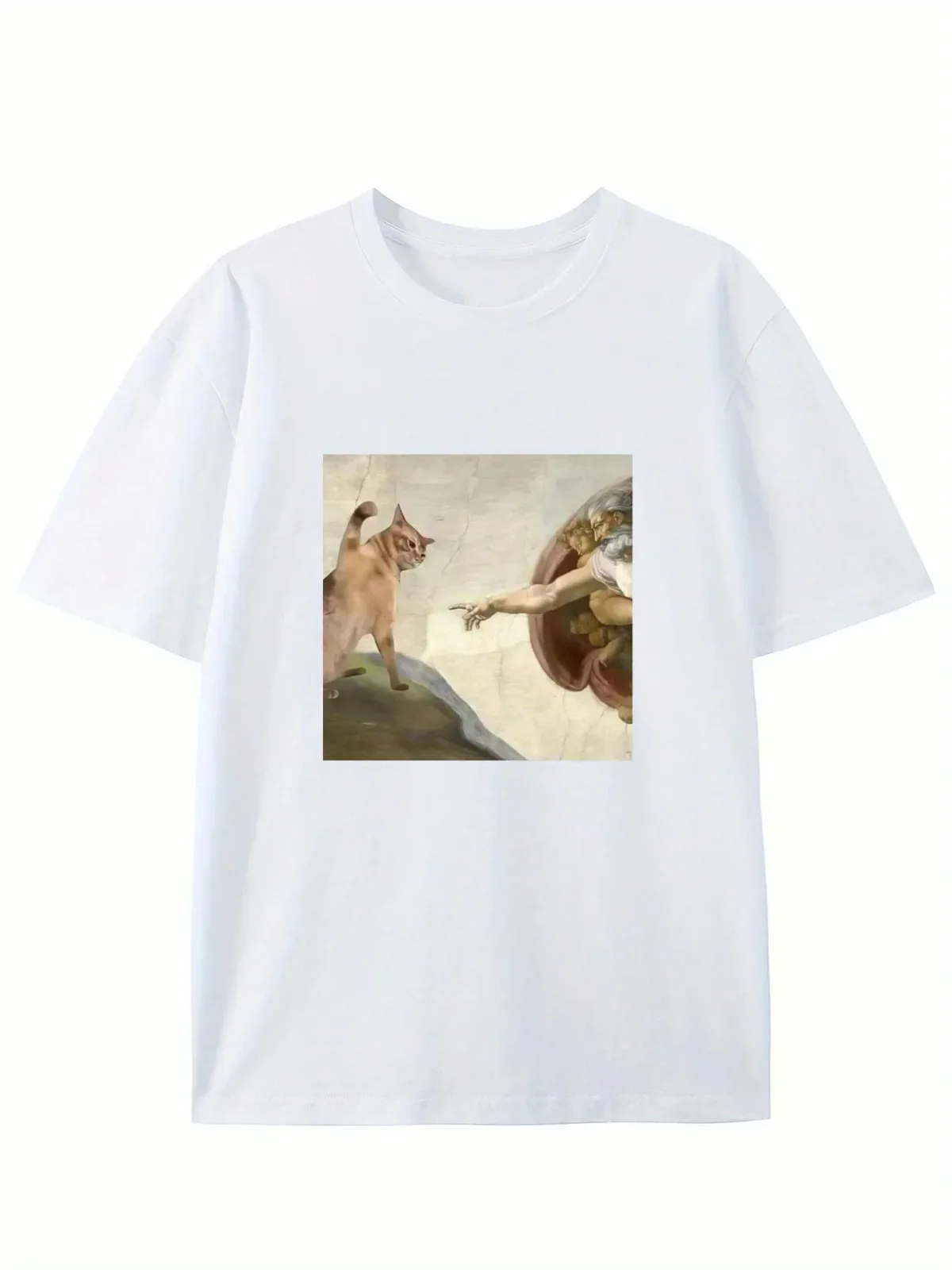 Fashion Women T-Shirt Humorous Cat and Adam Creation Parody Graphic T-shirt Casual Crew Neck Short Sleeve Tee Clothing Unisex