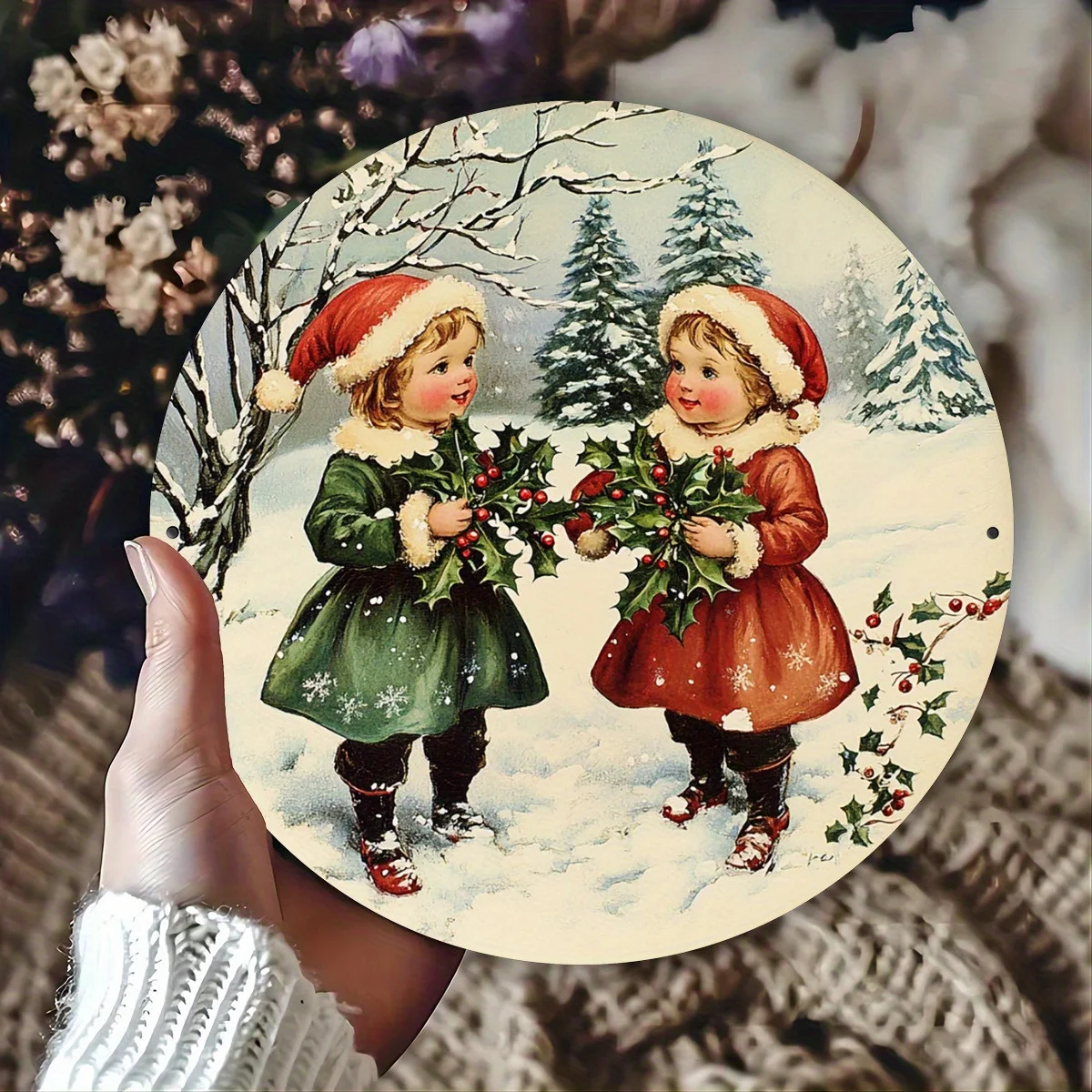 Victoria Winter Christmas Scene Letrero de aluminio, arte de pared navideño vintage, adecuado para dormitorio, sala de estar, chimenea