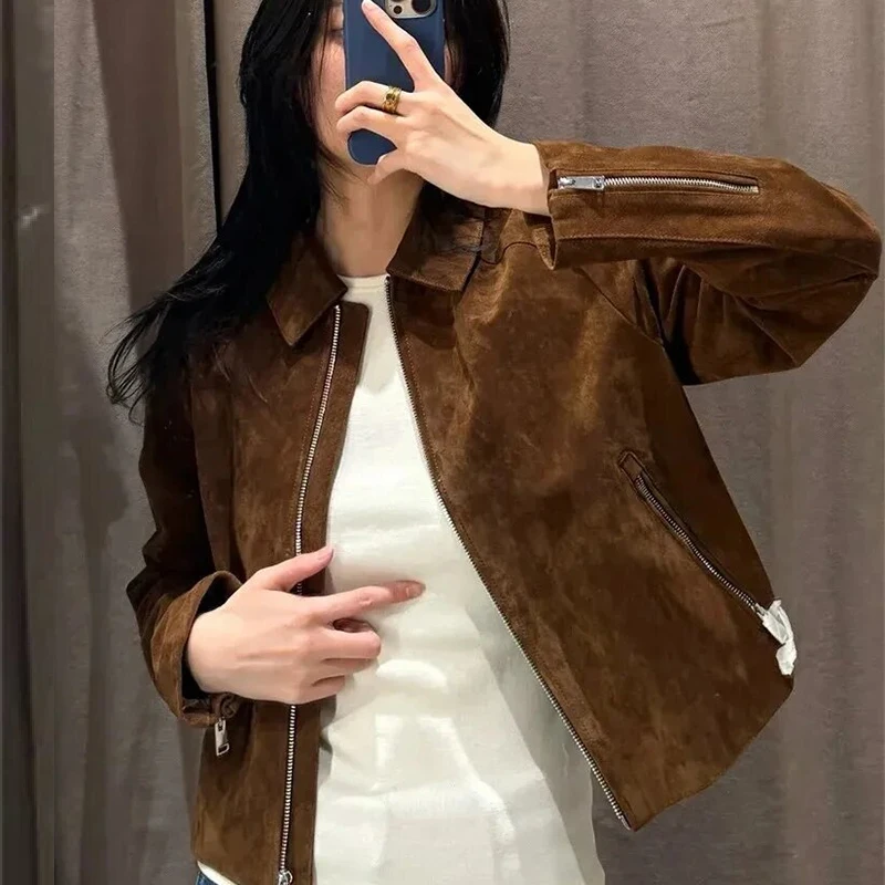 HXAO اقتصاص معطف سترة من جلد الغزال المرأة ديمي الموسم فو سترة جلدية ملابس خارجية طويلة الأكمام Bomber سترة زمم معطف قصير