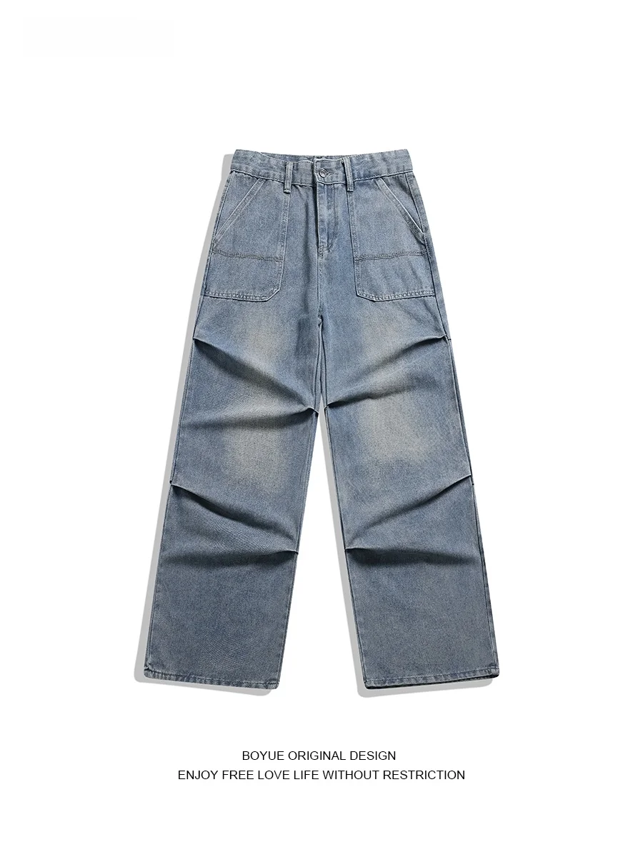 

Boyue American Retro Waed Denim Pants Men's Workwear Wide Leg Double Pleat Weathered Design Long Trousers Cotton Blend