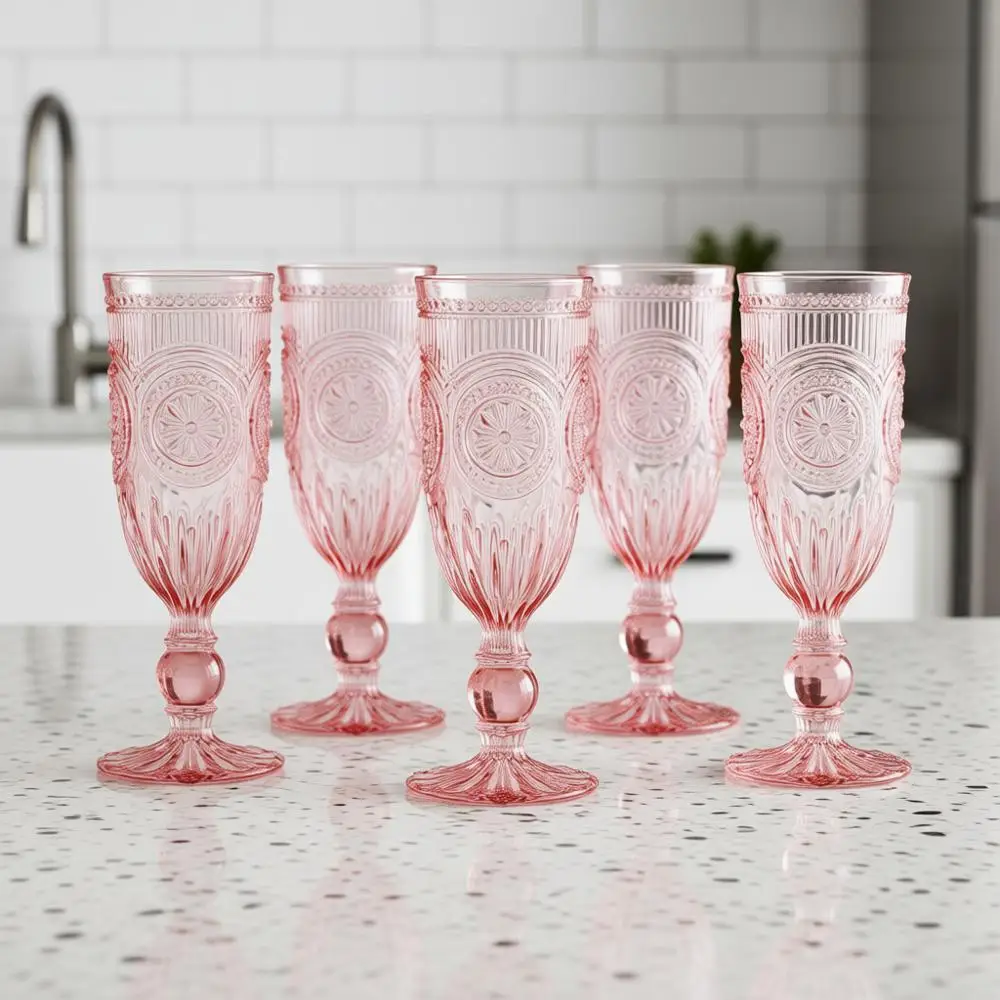 

Набор из 6 розовых бокалов для шампанского, 100% безопасны для посудомоечных машин, настоящая розовая посуда с винтажным дизайном
