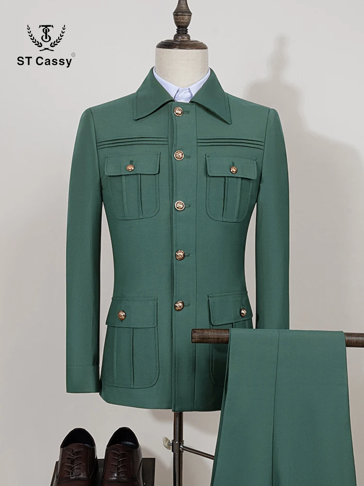 

ST Cassy dark green Elegant Men's suit Classic Fit Multi Buckle Multi Pocket Casual Business Set Men's 2-piece Set
