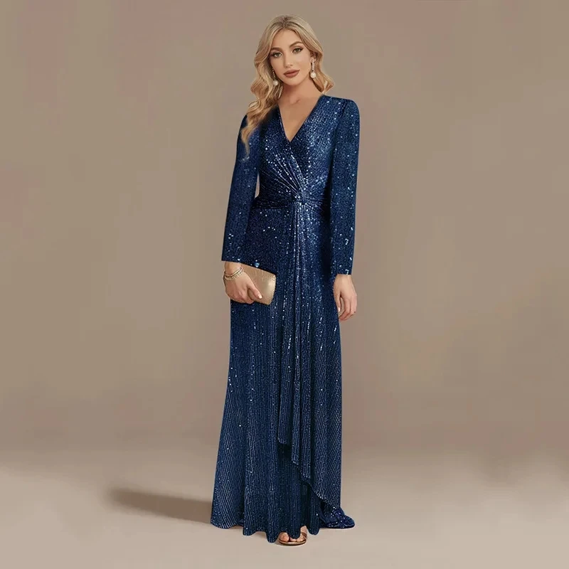 

Вечерние платья Женская одежда Женские элегантные длинные рукава Повседневные макси-платья с блестками Вечерние женские платья Черные многоуровневые оборки