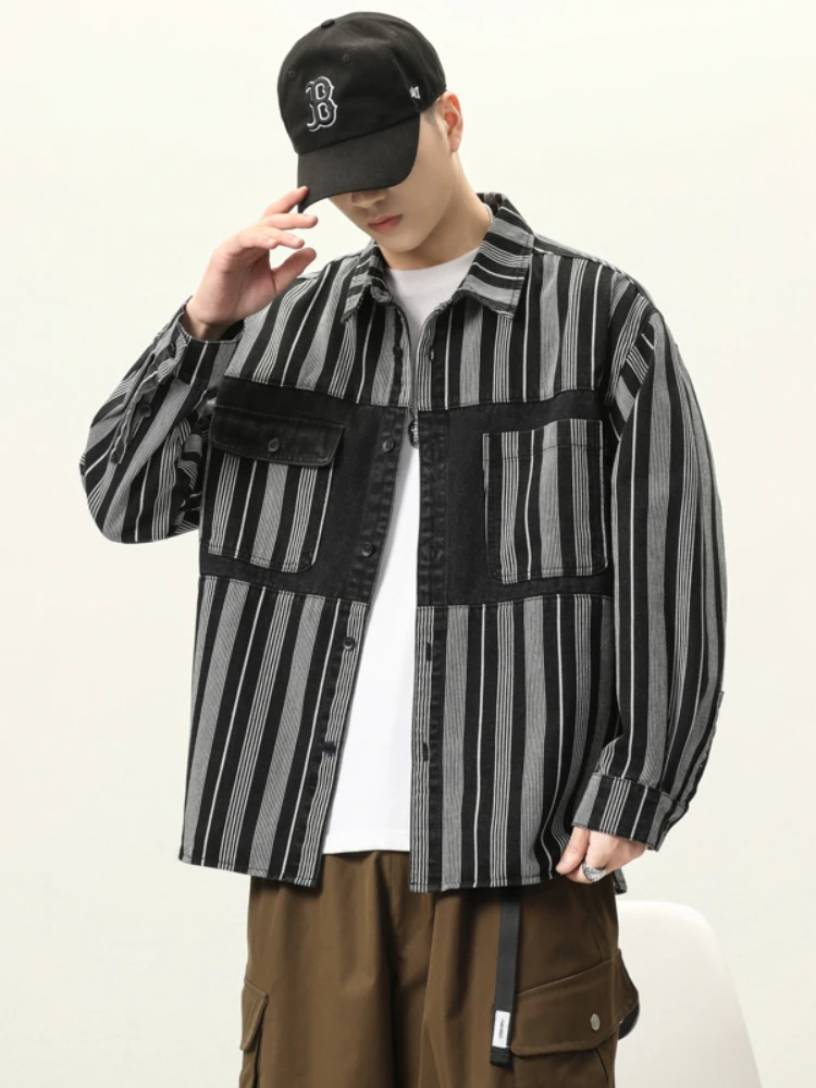 Panelled Jackets Men Striped Loose Irregular Spring Autumn American Style Trendy Streetwear Prevalent Minimalist Males Overcoats