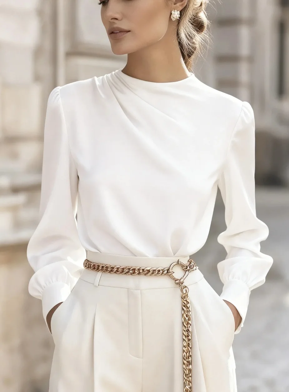 

Женская элегантная белая рубашка с высоким воротником и длинным рукавом, черные модные офисные топы, простые новые пуловеры для женщин, блузки