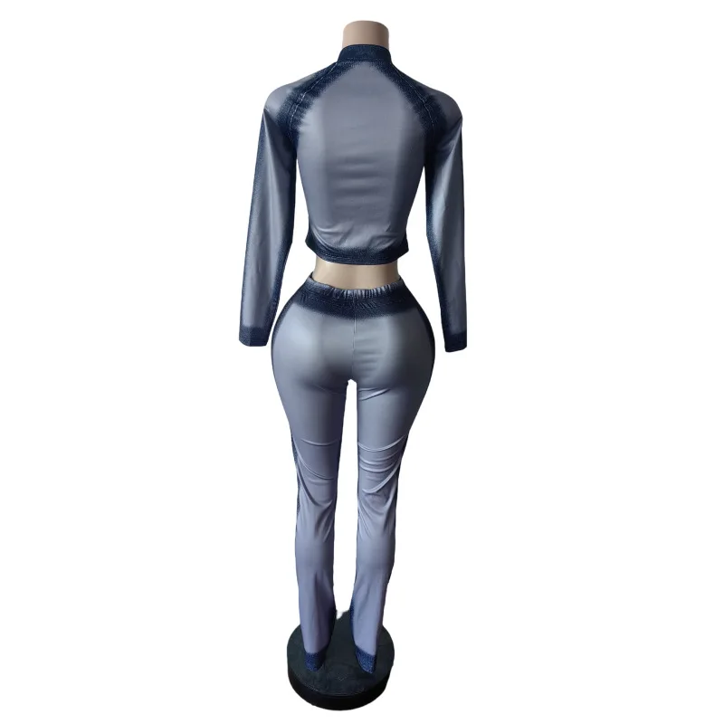 Printed 2 Piece Set Women Fashion O Neck Long Sleeve Zip-up Slim Jackets Tops + Slim Flare Pants Casual Streetwear Suits