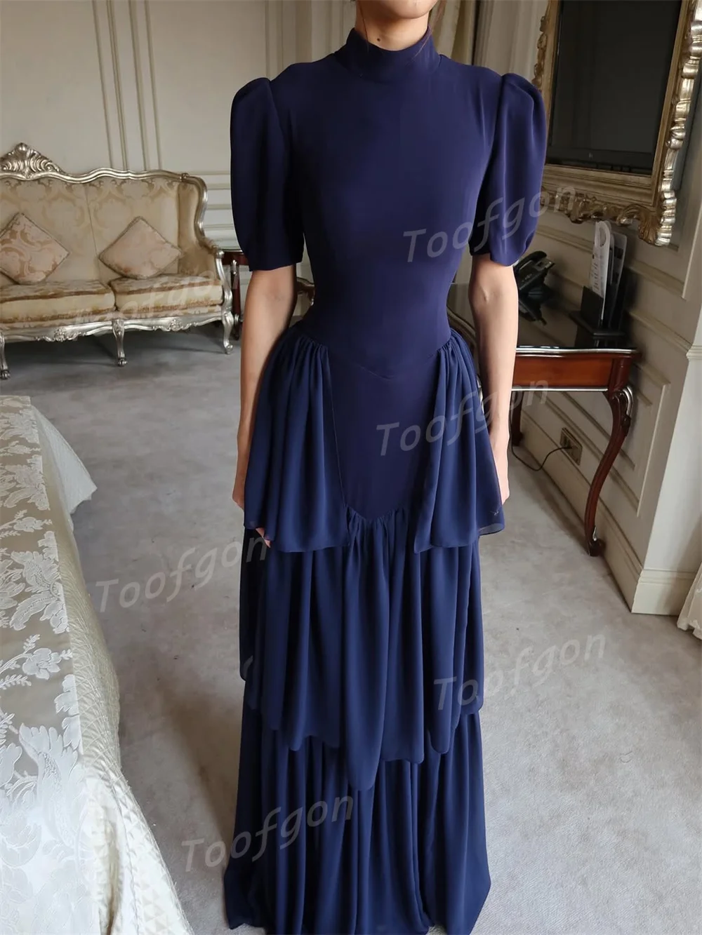 Toofgon Short Sleeve Blue Prom Dresses Satin Chiffon Women Evening Dress Ruffles Long Special Event Party Gowns Customized