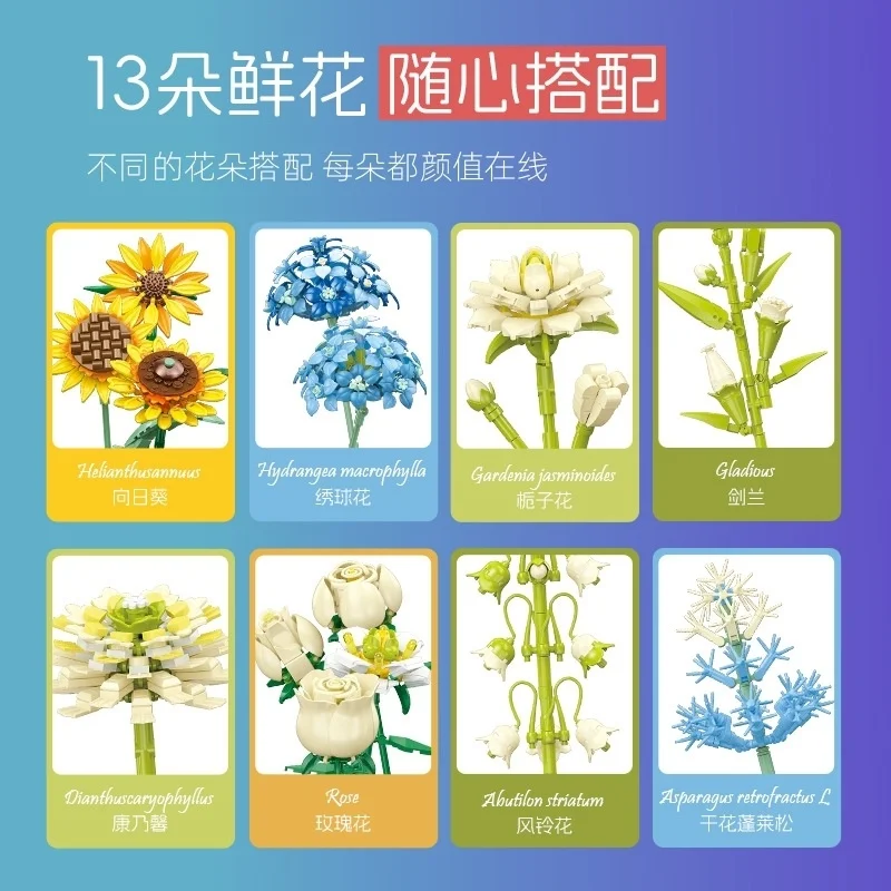 JJ9196 Small Particle DIY Assembly Sunflower Building Blocks Flower Series Creative Desktop Decoraiton Toys For Children Adult