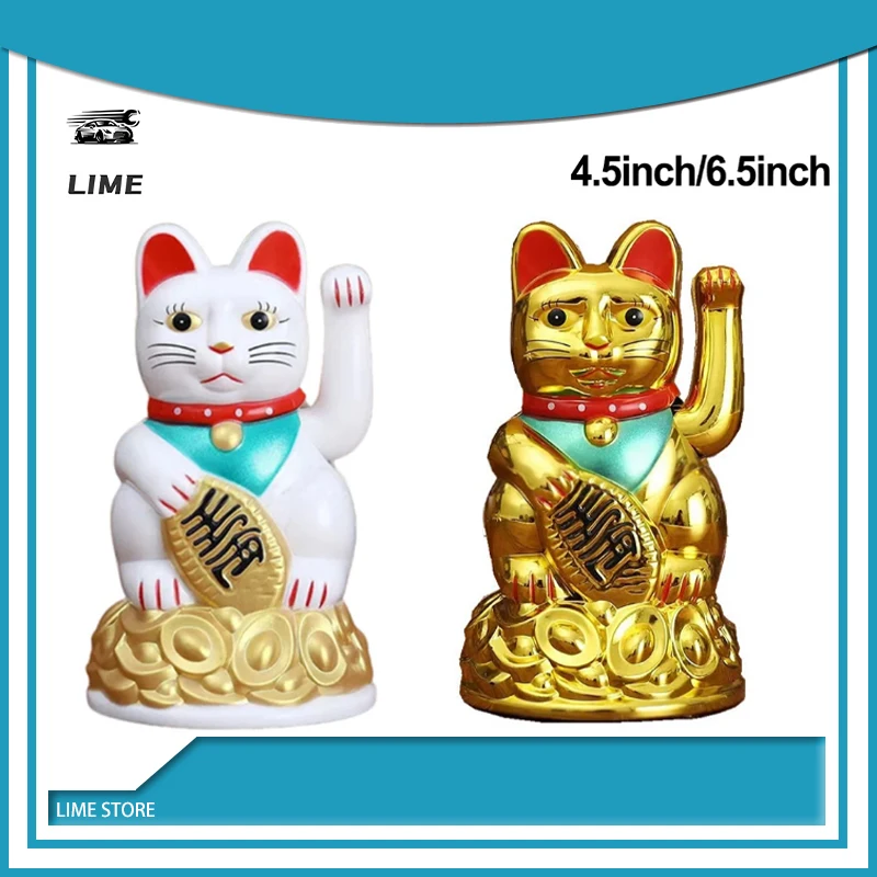 Chinese Lucky Cat Decoration Figurine Gold White Waving Arm Solar Light Induction Animal Statue Home Car Ornaments