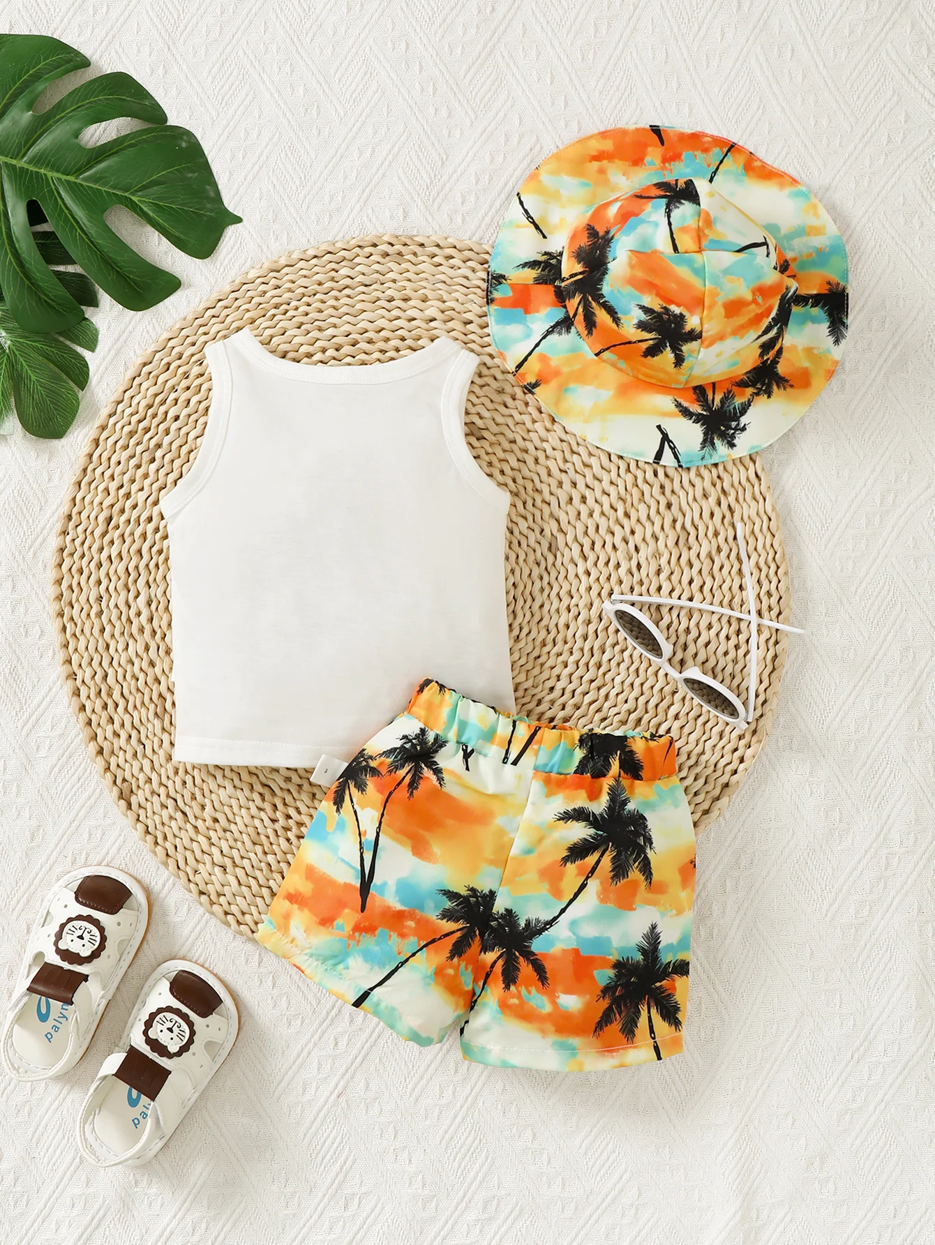 Casual Look For Baby Boys Summer Coconut Print Sleeveless Vest Dyed Hat Elasticated Waist Casual Pants Beach Chic