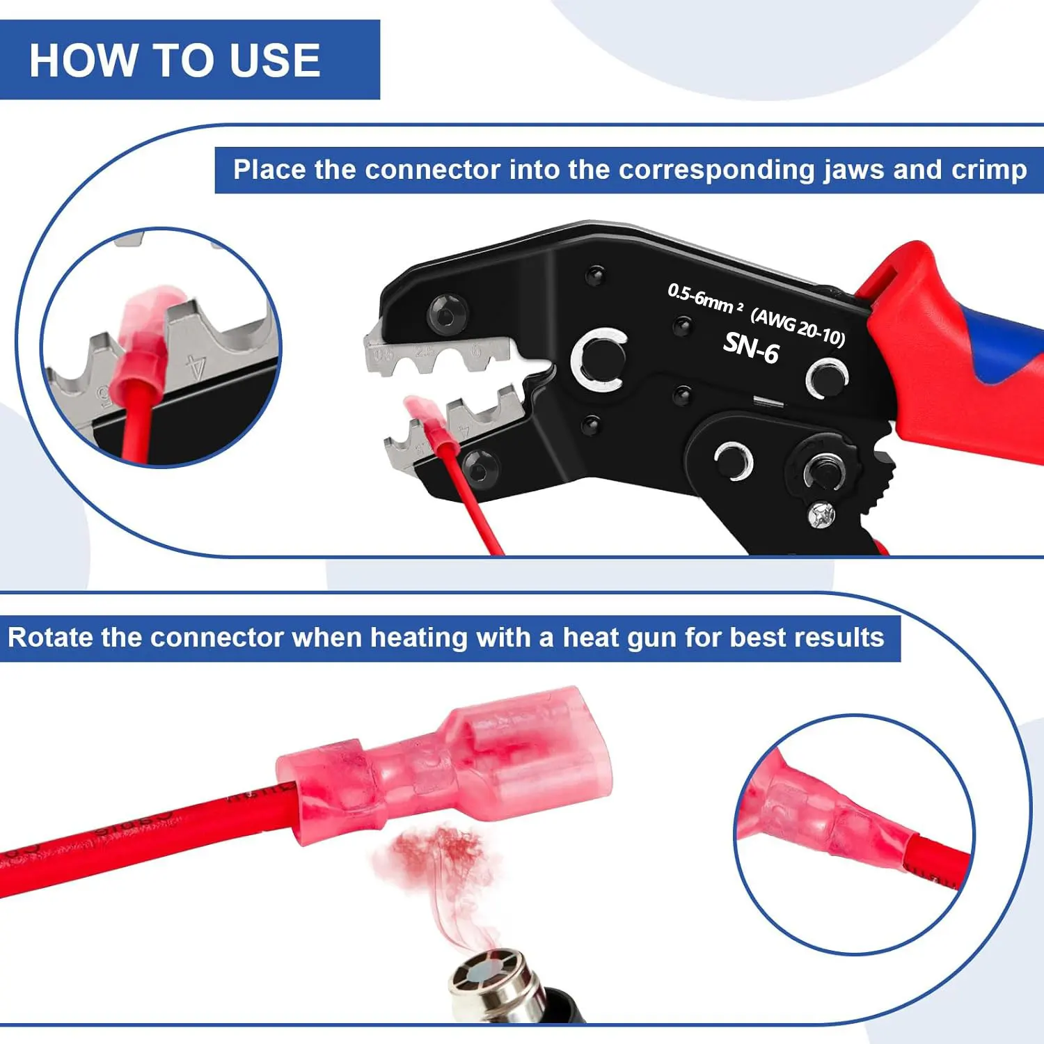 SN-6 Wire Crimping Plier Hand Crimper Tool for Non-Insulated Terminals & Heat Shrink Connectors AWG 20-10 (0.5-6mm²) Crimper