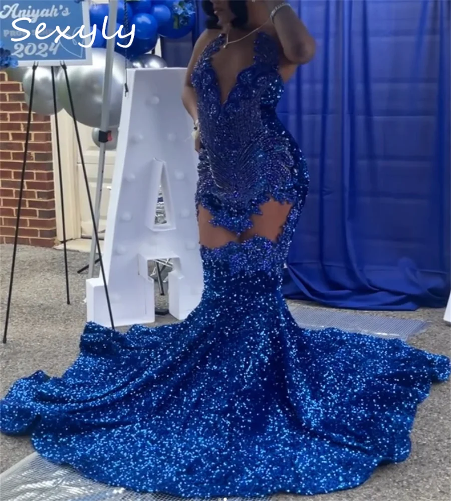 Blue Sequin Prom Dresses Rhinestone Beaded Mermaid Black Girls Evenin Dress Plus Size Glitter African Birthday Party Customized