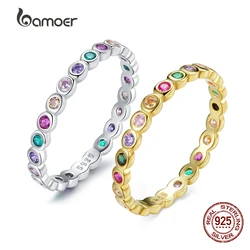 BAMOER 925 Sterling Silver Colorful Rainbow Zircon Finger Ring for Women Trendy Fashion Dazzling CZ Stone Anillos Jewelry Gift