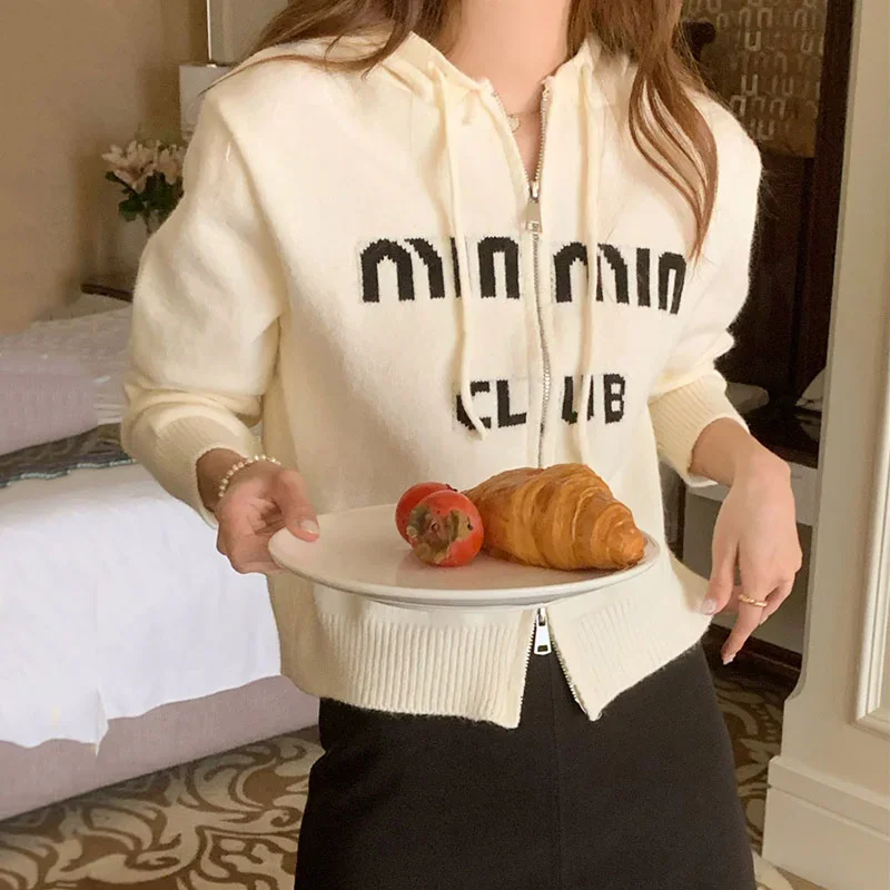 

Women Cardigan French Retro Knitted Outwear Autumn Simple Drawstring Hooded Casual Knitwear Versatile Temperament Female Wear