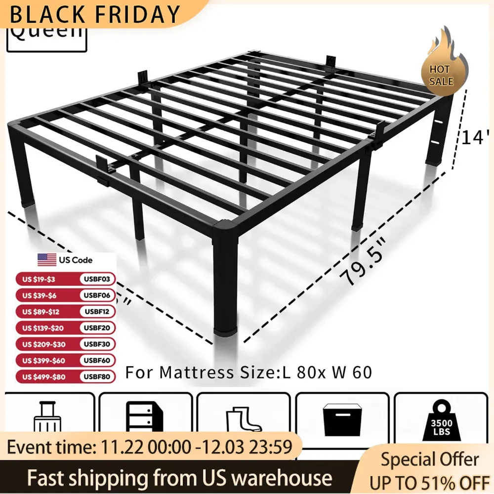 14 inch Metal Bed Frame with Rounded Corner and Headboard Hole Mattress Retainers 3500LBS Heavy Duty Steel Slats Platform Noise