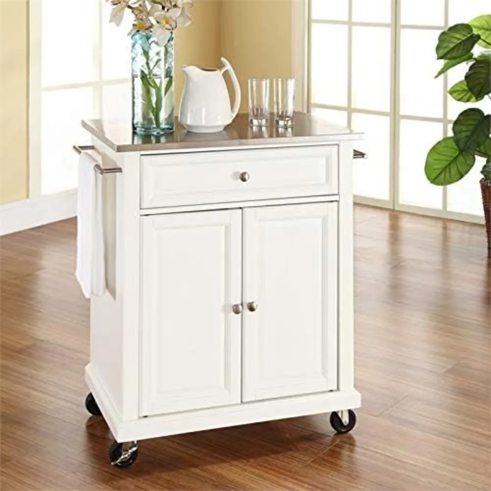 Traditional Wood Kitchen Cart With Stainless Steel Top in White Kitchen and Storage Organizer Islands Table Furniture Home