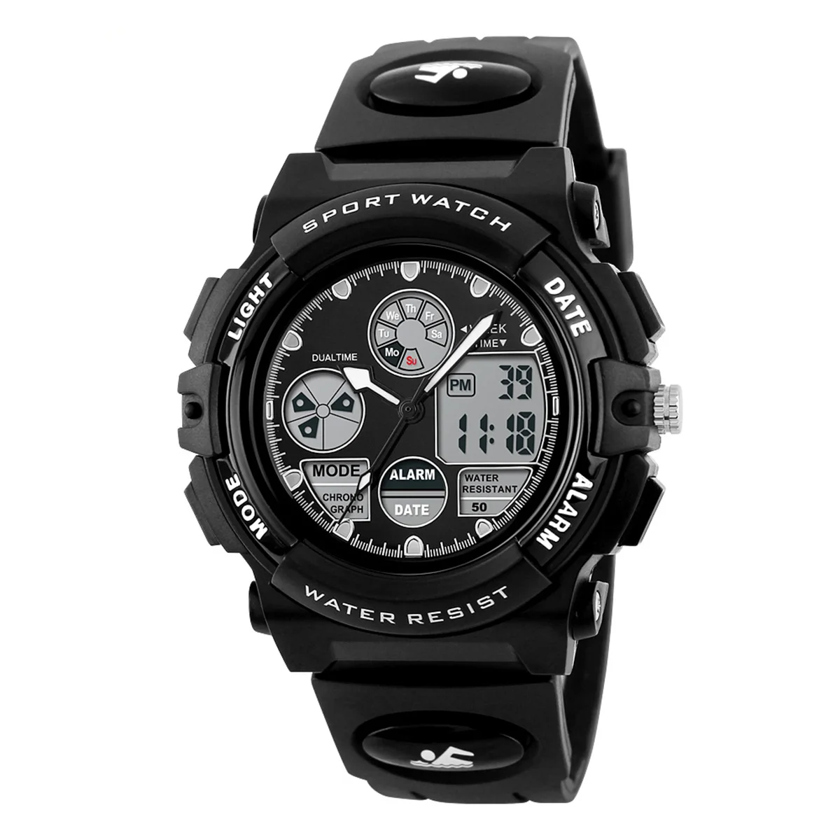 Waterproof Dual Display Watch Black Digital Electronic Wristwatch Led Light Alarm Stopwatch Outdoor Sports Diving Pu Band