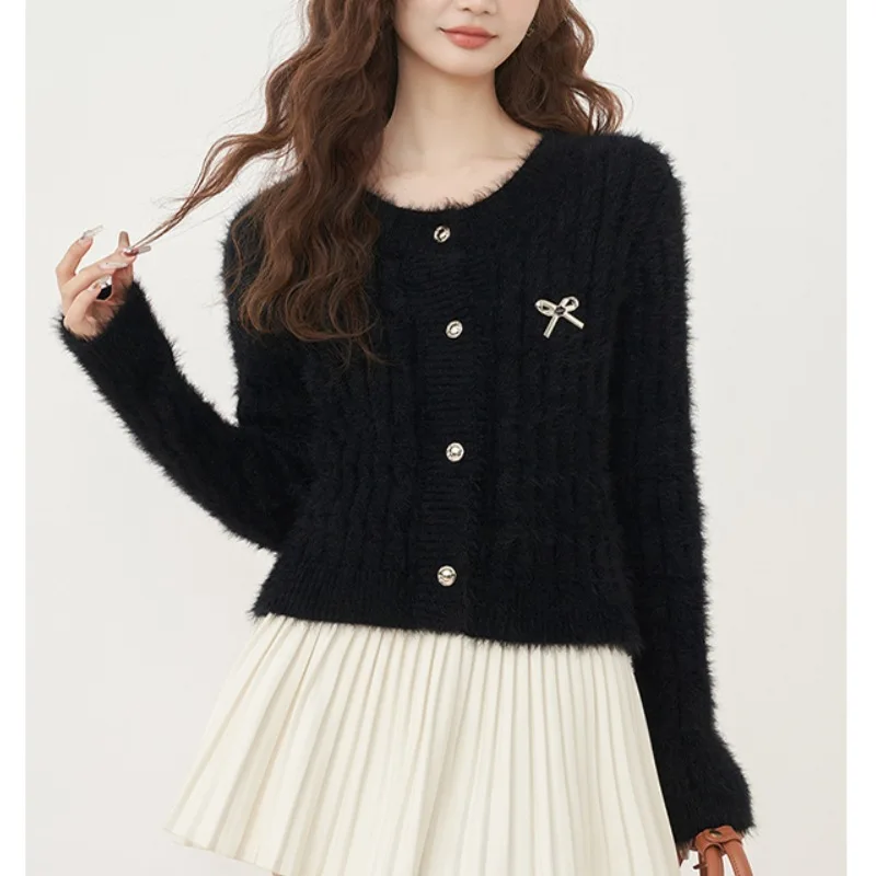 Faionable malha plu camisola feminina fino ajuste redondo ne ort sle outono inverno quente macio mistura acrílica topo