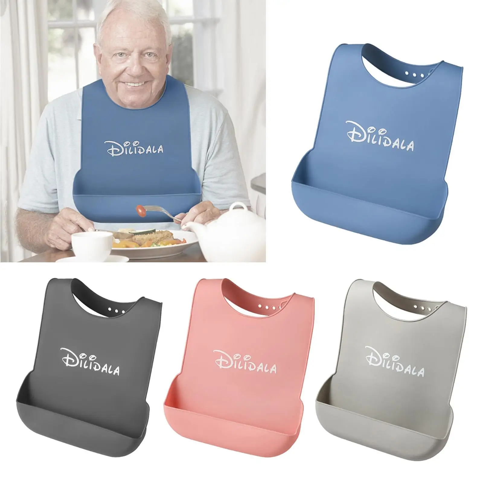 Silicone Adult Bib with Pocket Waterproof Mealtime Protector Adult Disability Cloth Protector Washable Elderly People Meal Bibs