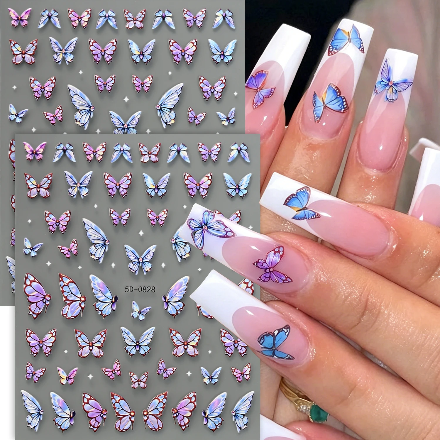 1 Stück 5D glänzende Schmetterlings-Nagelaufkleber, bunter blau-violetter Farbverlauf, Schmetterlings-Nagelaufkleber, Sommer-Nageldekor, Maniküre und Nagelstudio