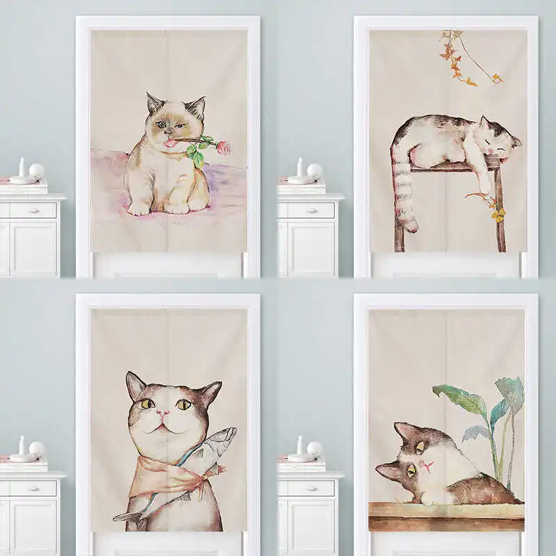 VIKAMA Watercolor Peeking Cat Ginkgo Koi Fish Velcro Door Curtain Self Adhesive Zen Style Split Panel Home Decor Soft Durable