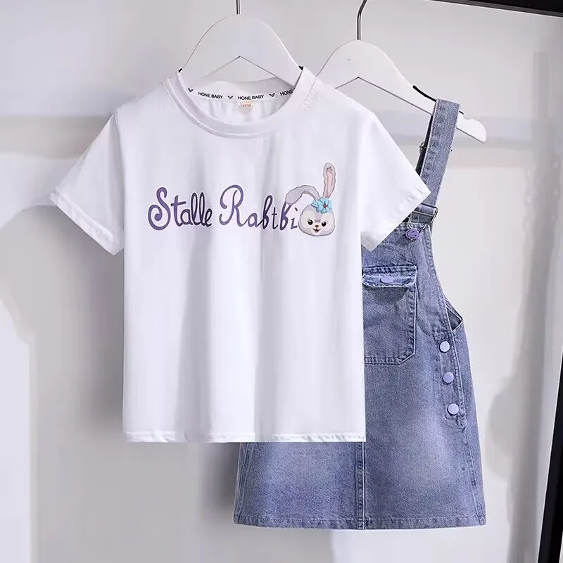 3-15Y Children\'s Dress Set 2024 Summer New Girls\' Cartoon Short Sleeve T-shirt+Dress 2PCS Teenage Girls\' Clothing Set