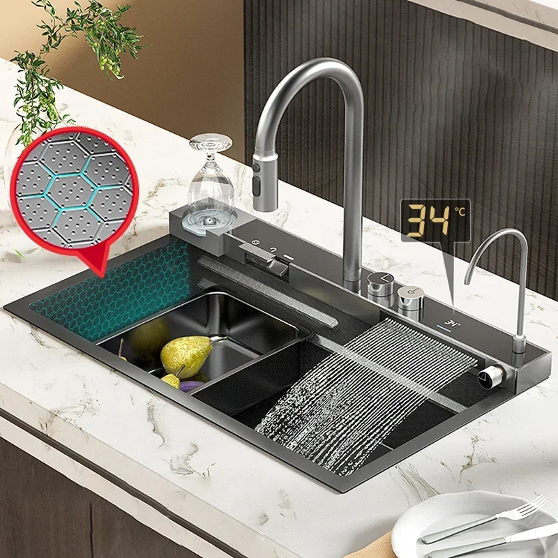 

New Waterfall Sink Stainless Steel Household Kitchen Sink Digital Display Honeycomb Large Single Sink Multifunctional Sink