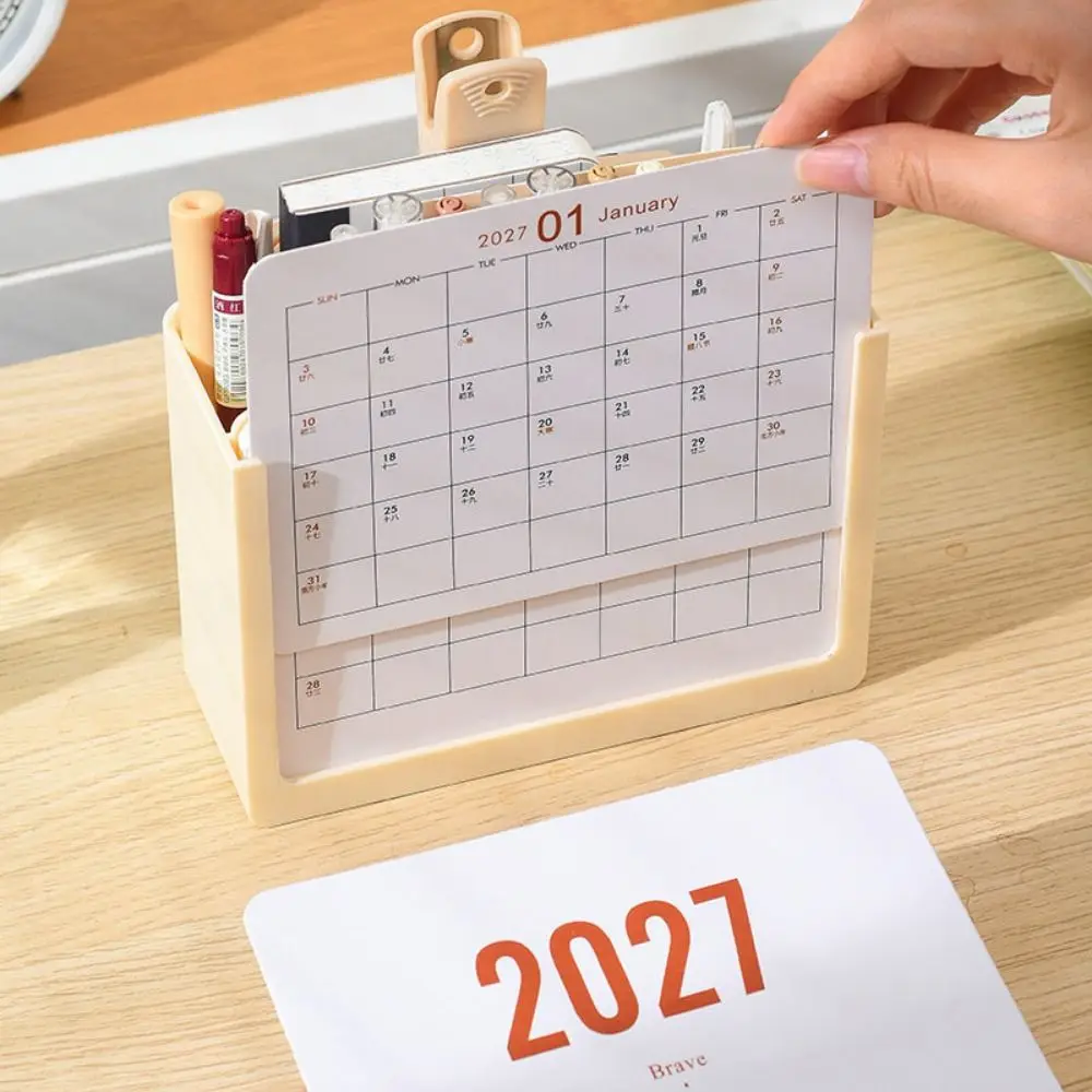 Space-Saving 2027 Desk Calendar Pen holder 3 Grids October 2026 - December 2027 Makeup Brush Holder Plastic Lightwight