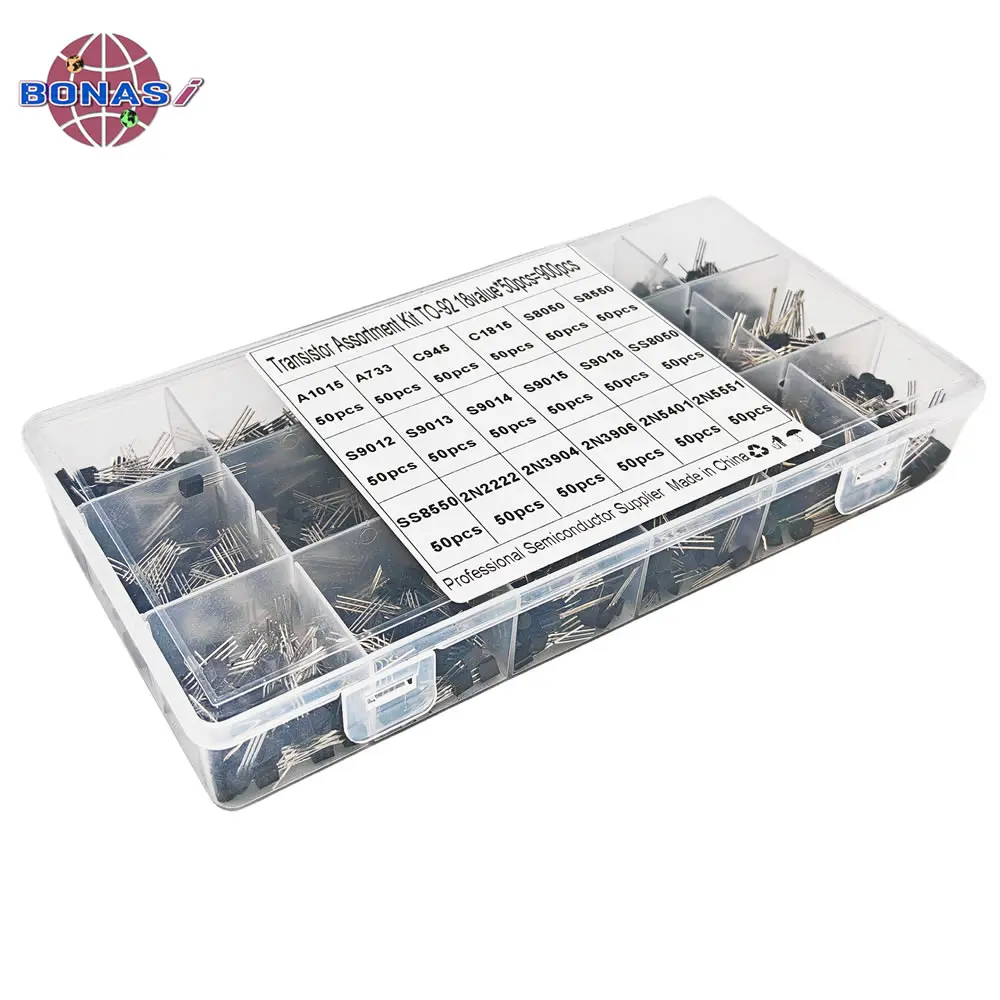 900Pcs/Box 18Values TO-92 NPN/PNP Transistor Assortment Kit 2SA1015 2SA733 2SC945 2SC1815 S8050 S8550 S9012 S9013 S9014 2N5551