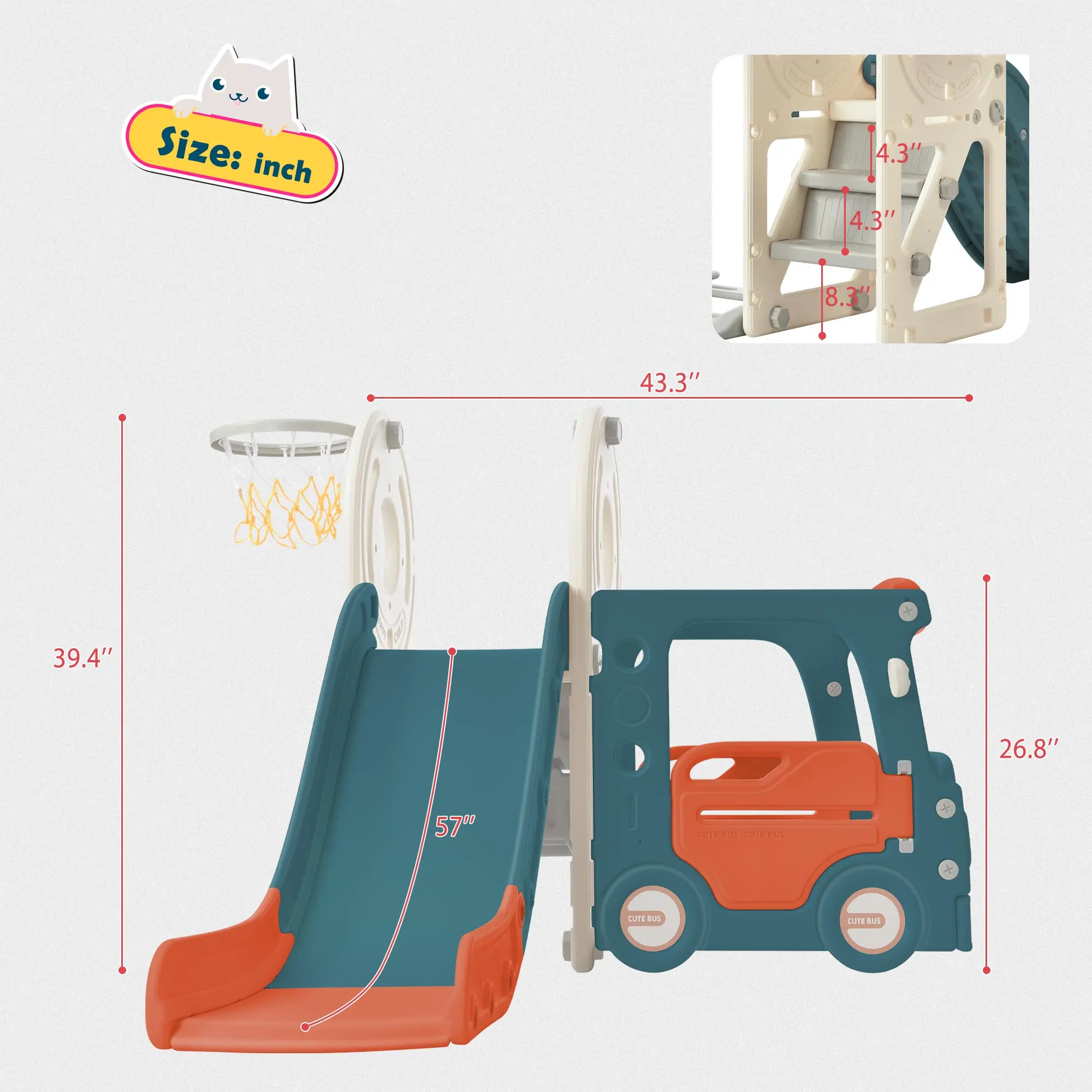 Tobogán con estructura de juego de autobús para niños pequeños, juguete de autobús independiente con tobogán, juego de tobogán de autobús con aro de baloncesto