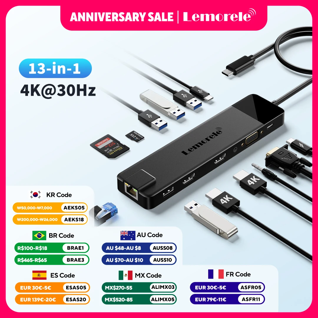 

Lemorele 13 in 1 Usb C Docking Station 4K 30Hz RJ45 Gigabit Ethernet USB Type-C to Dual HDMI VGA For Laptop Macbook Projector TV