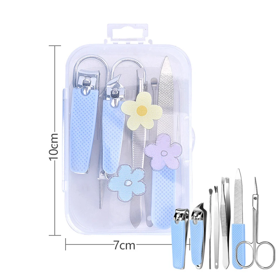 مجموعة مانيكير لطيفة من الفولاذ المقاوم للصدأ للنساء والرجال ، مقصات الأظافر ، تصميم كرتون ، مانع للإنزلاق ، حافظة محمولة ، مجموعة 7