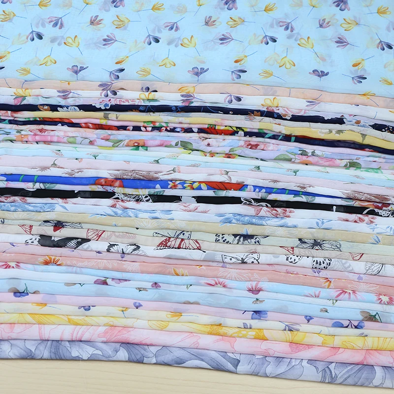 75D Printed Chiffon Fabric By The Meter for Dresses Skirts Clothing Shirts Diy Sewing Floral Flowers Summer Cloth Soft Thin Blue